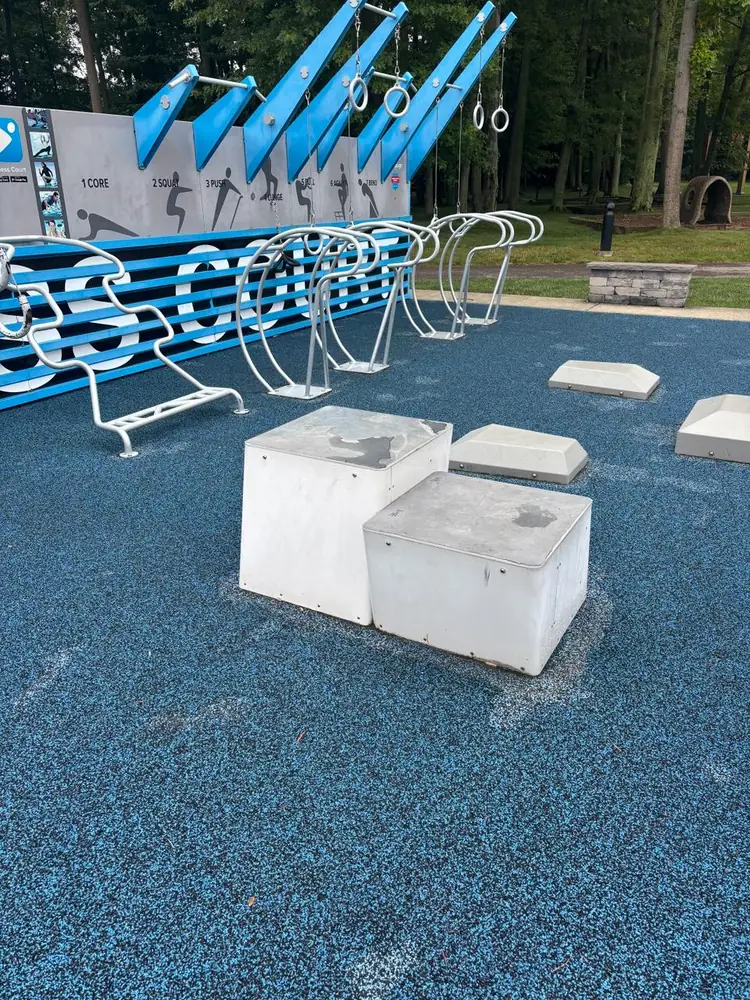 Seven-station outdoor gym in Avon, Ohio: plyo boxes, rings, and station labels for Core, Squat, Push, Lunge, Pull, Agility, Bend.